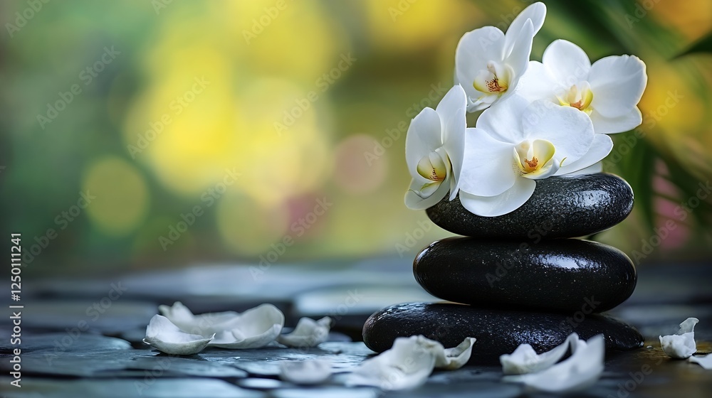 Poster Beautiful Stack of Black and White Stones with Delicate White Orchids and Soft Background Creating a Zen Atmosphere : Generative AI