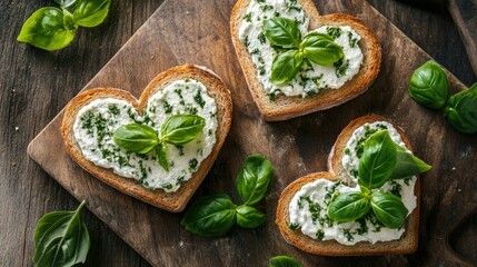 Heart-Shaped Toast with Basil and Creamy Spread on Wooden Board