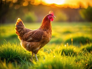 Fototapeta premium Sunset paints the sky as a brown hen finds solace amidst green grass.
