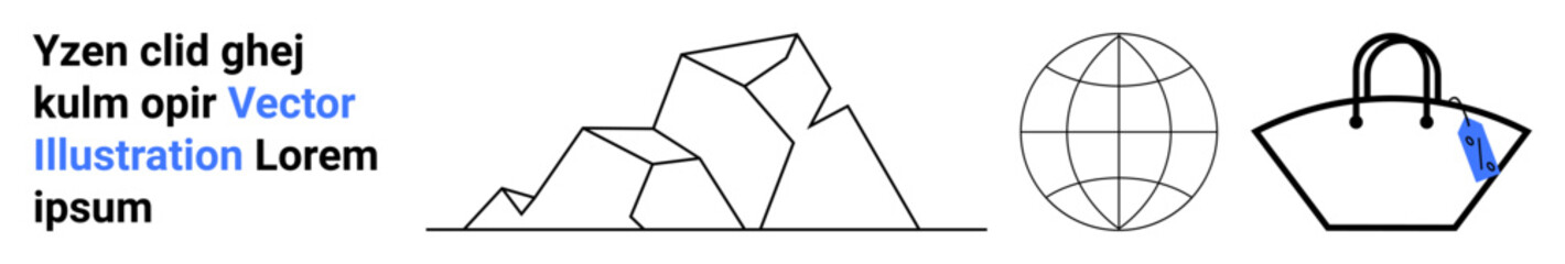 Geometric mountain, grid globe, and handbag with simple blue accent merge minimalistic style and utility. Ideal for travel, fashion, global trade, commerce, industrial design, branding flat landing