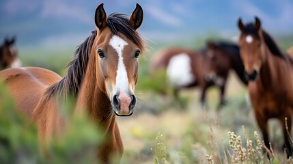 Obraz premium Beautiful Brown Horse in a Natural Landscape with Other Horses in the Background : Generative AI