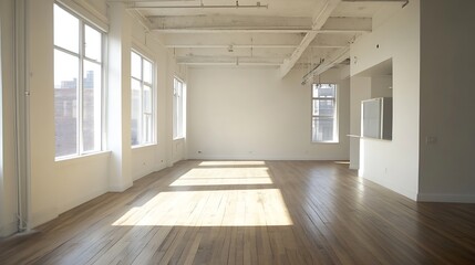 Obraz premium Spacious and bright modern apartment interior with large windows and warm wooden floors : Generative AI