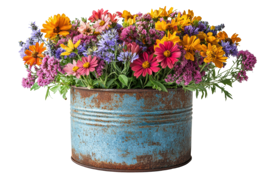 A vibrant arrangement of colorful wildflowers in a rustic tin can, showcasing nature's beauty and the charm of vintage decor.