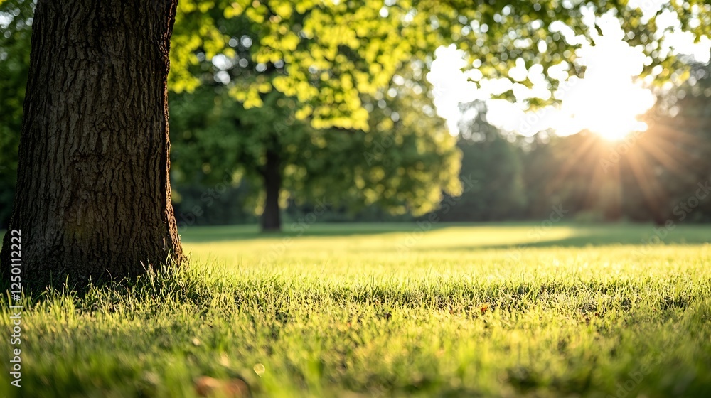 Poster sunlit meadow with tree and fresh green grass in a peaceful environment : generative ai