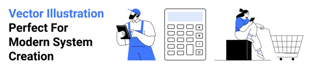 Delivery worker with a clipboard, calculator highlighting finances, and woman browsing her phone in a shopping cart promoting ecommerce. Ideal for commerce, logistics, operations, management