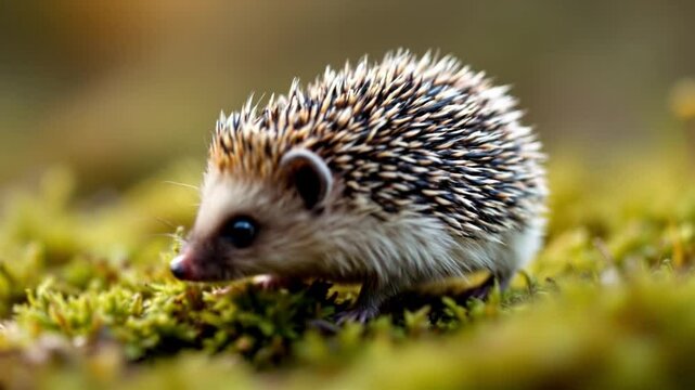 close up of little hedgehog walking through soft moss