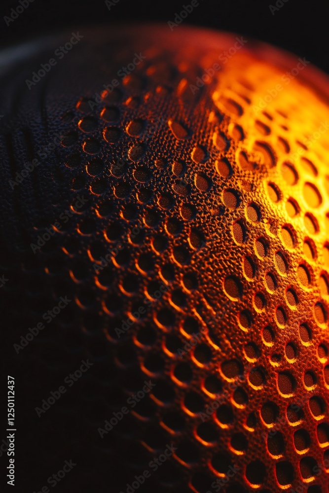 Poster close-up of an orange textured surface with small holes, illuminated from the side, creating shadows