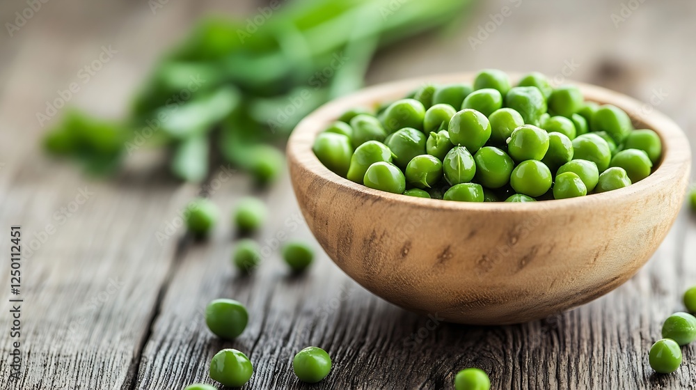 Poster fresh green peas in a wooden bowl on a rustic table with natural light : generative ai