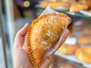 Delectable Panzerotti Held in Hand, Savory Italian Snack in Portable Pouch