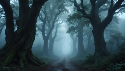 Enigmatic Path Through a Mist-Enshrouded Forest with Ancient Trees