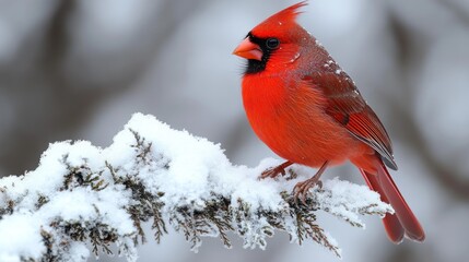 A vibrant red cardinal perched on a snowy branch in a winter landscape.