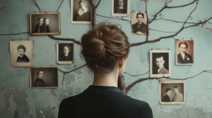 Old family photos with a woman: DNA genealogy, ancestral tree, heritage research, genetic links, vintage images, generational history, familial ancestry, legacy preservation, family roots.