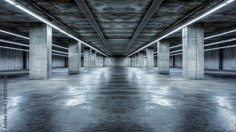 Poster empty, dimly lit concrete parking garage with rows of support columns and reflective floor.
