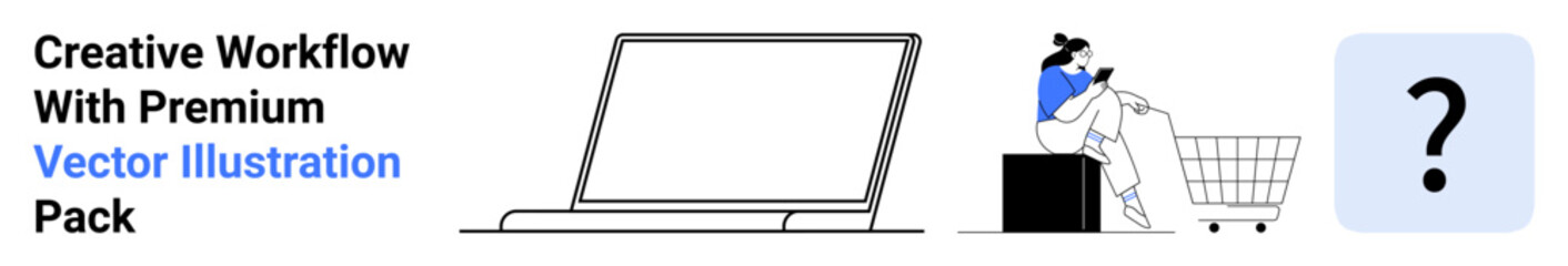 Open laptop, person sitting by shopping cart pondering, and question mark. Ideal for e-commerce, innovation, tech solutions, creative thinking, online tools, digital workflows flat landing page