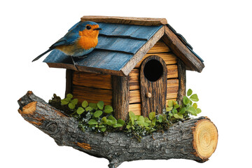 A vibrant bluebird perched on a rustic wooden birdhouse surrounded by lush greenery, showcasing the...