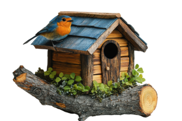 A vibrant bluebird perched on a rustic wooden birdhouse surrounded by lush greenery, showcasing the beauty of nature and avian life.
