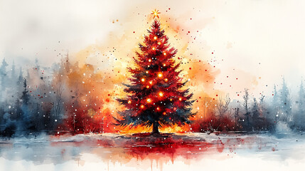 Red Christmas Tree Watercolor Painting Winter Festive Holiday Season art snow warm cozy image happy 