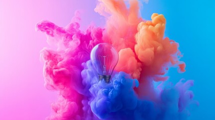 Obraz premium Colorful Paint Explosion from Light Bulb, Symbolizing Creative Energy and Innovation