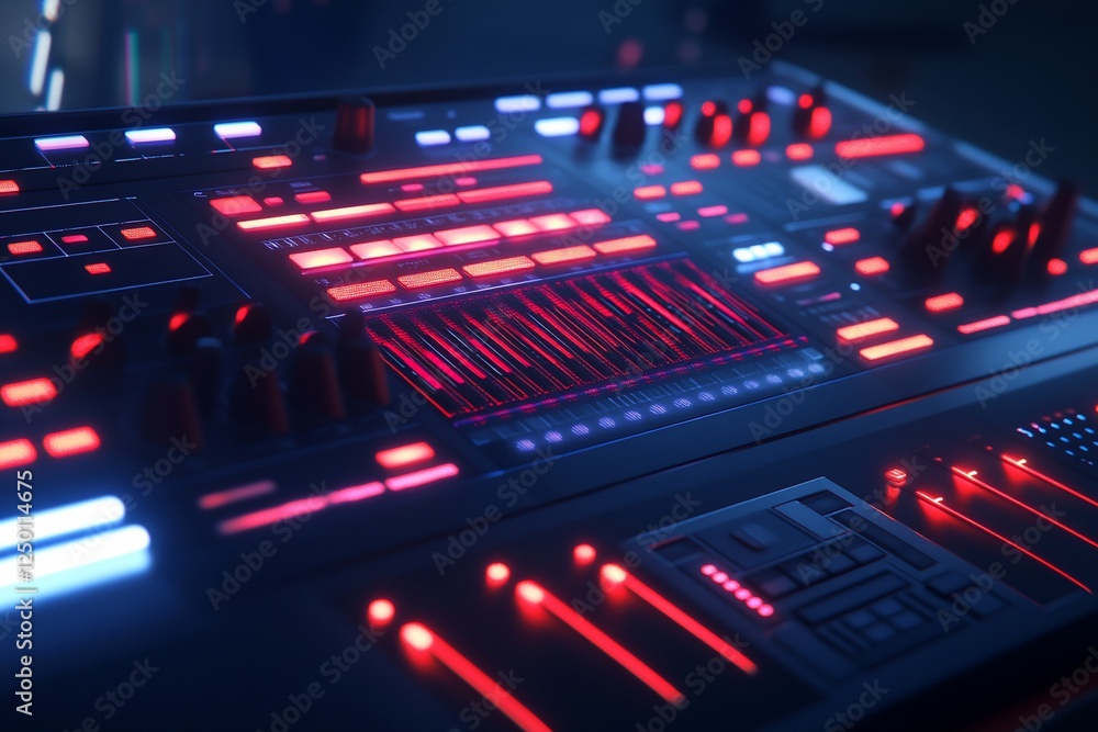 Aufkleber close-up of a futuristic music synthesizer with illuminated buttons and controls in red and blue hue