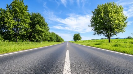 Obraz premium Wide open road surrounded by lush trees under a bright blue sky : Generative AI