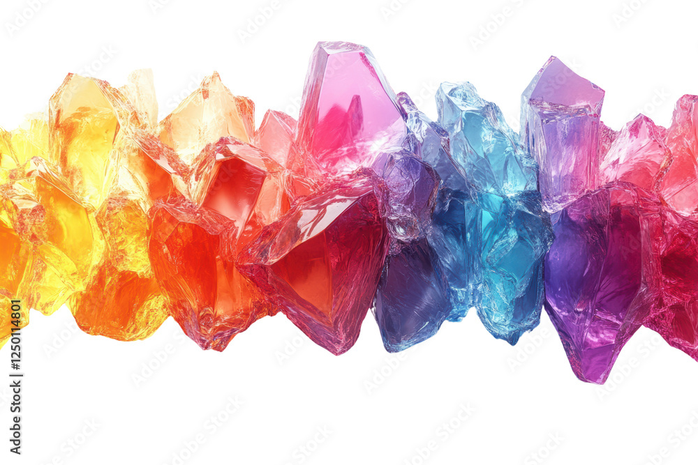 Poster a vibrant collection of colorful crystals arranged in a stunning display, reflecting light in a mesm