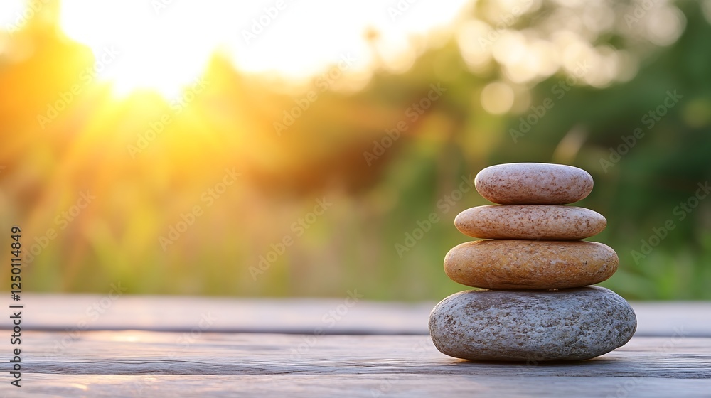 Poster four smooth stones stacked on wooden surface with sun rays shining through blurred greenery in backg