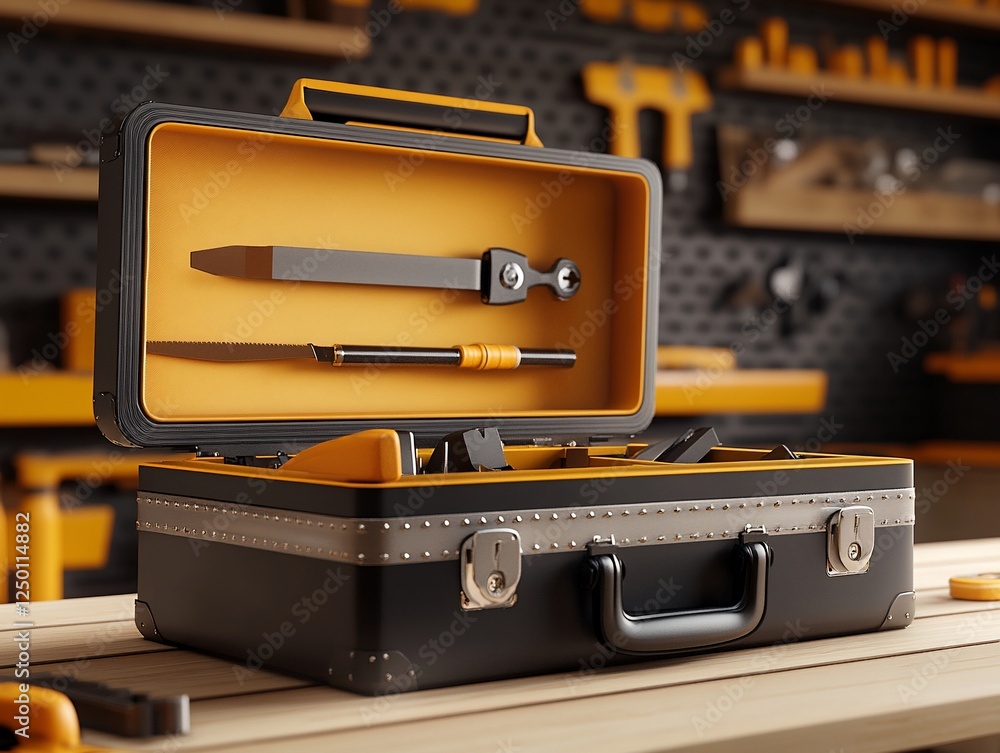 Poster open toolbox with various tools on a wooden workbench in a workshop.