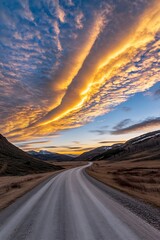 Fototapeta premium Stunning sunset over winding country road with vibrant clouds and mountains in the distance : Generative AI