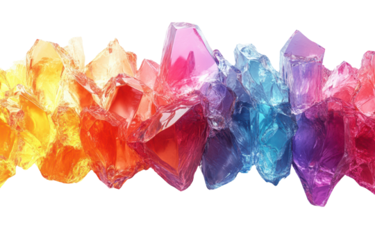 A vibrant collection of colorful crystals arranged in a stunning display, reflecting light in a mesmerizing array of hues and shapes.