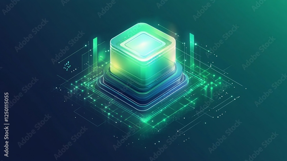 Aufkleber abstract isometric illustration of a glowing green data server cube on a circuit board.