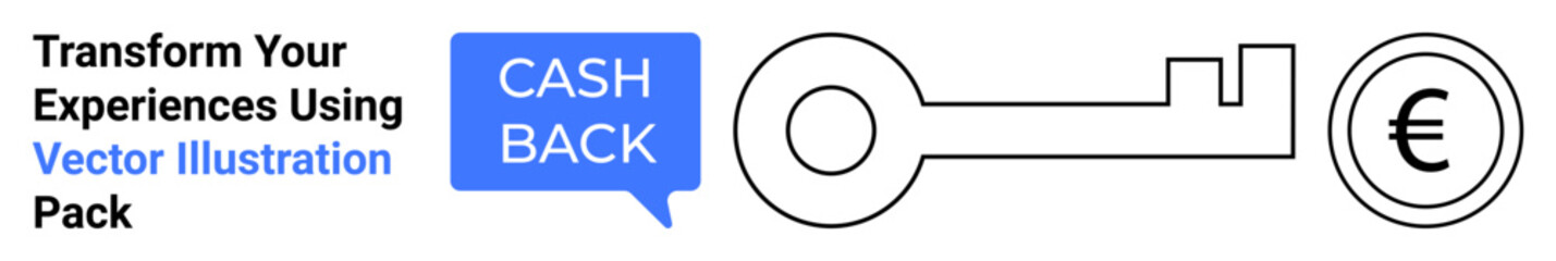 Cashback speech bubble, key, and Euro coin symbolize savings, rewards, finance, money security. Ideal for financial planning, loyalty programs, savings apps banking e-commerce digital wallets