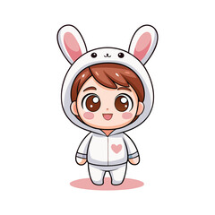 Chibi style vector illustration of a little boy wearing a cute bunny costume