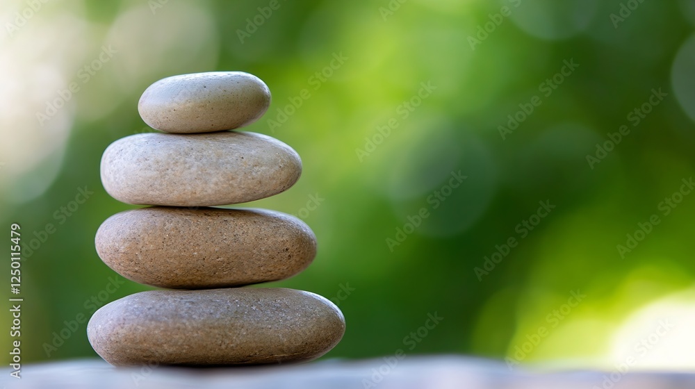 Aufkleber Stacked Smooth Pebbles on a Wooden Surface with a Blurred Green Background for Calmness and Balance : Generative AI