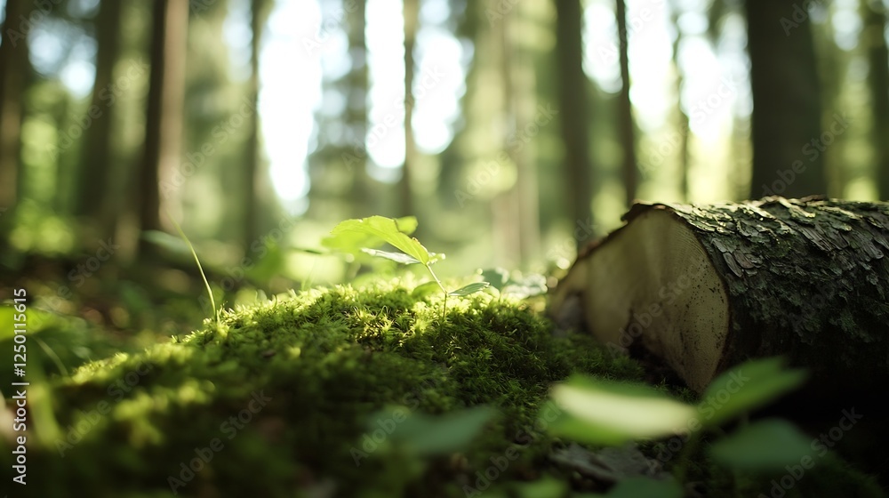 Poster sunlit forest scene with moss and logs in a lush green landscape : generative ai
