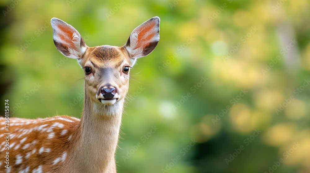 Poster Curious Young Deer with Soft Expression in a Lush Green Forest Setting : Generative AI