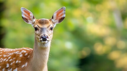 Fototapeta premium Curious Young Deer with Soft Expression in a Lush Green Forest Setting : Generative AI