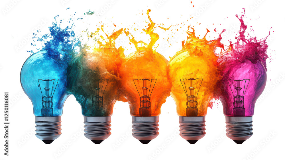 Leinwandbilder a vibrant display of colorful light bulbs surrounded by splashes of water, symbolizing creativity an