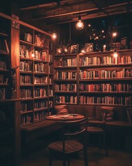 Cozy reading nook with warm lighting and books neatly arranged on shelves. Festival Concept