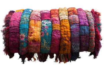 A vibrant display of colorful handmade textiles, showcasing intricate patterns and craftsmanship. Perfect for promoting cultural heritage and artistry.