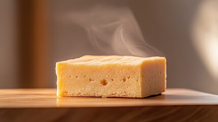 food texture concept. Steaming block of cake on a wooden surface, warm and inviting.