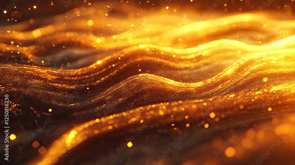 Poster shimmering waves of golden light and sparkles in dynamic motion