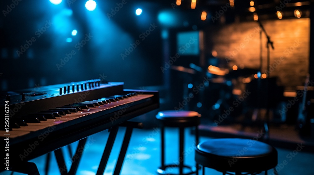 Poster keyboard on stage with drum set and bar stools under blue stage lights.