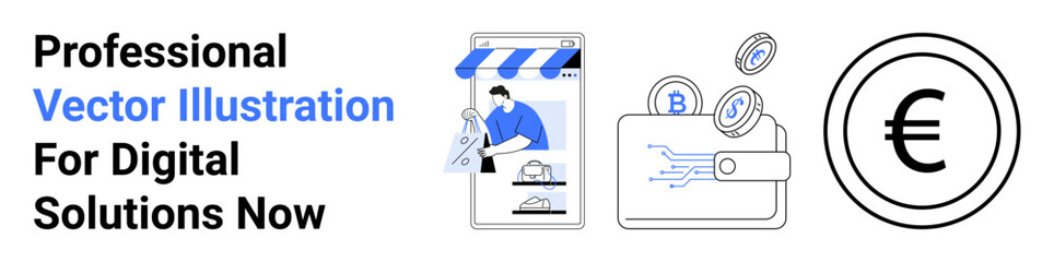 Online shop with storefront, wallet holding digital coins, and euro currency symbol. Ideal for fintech, online shopping, personal finance, cryptocurrency, e-commerce, digital payments flat landing