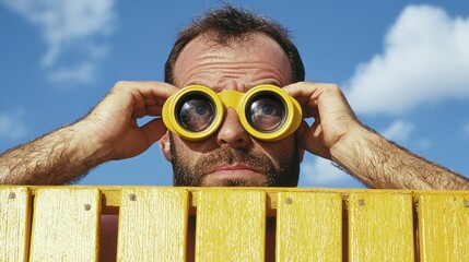 A man peeks over a yellow fence, using oversized yellow binoculars, set against a bright blue sky with fluffy white clouds.