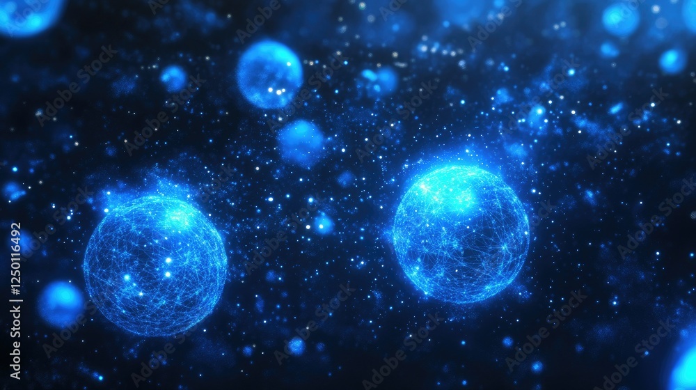 Poster blue glowing particles in deep space creating a cosmic background
