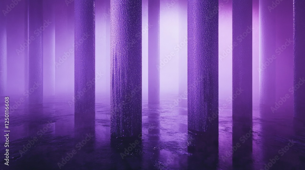Poster ethereal purple fog surrounding columns in mysterious setting