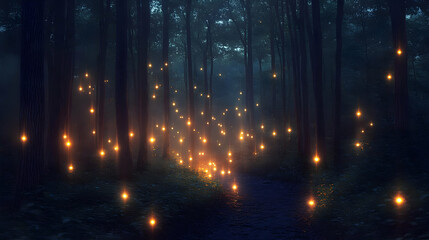 Glowing Lights In Magical Night Forest