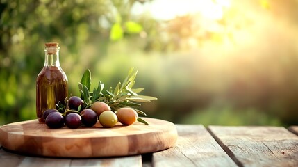 Olive oil and fresh olives on a wooden table surrounded by sunlit greenery creating a healthy ambiance : Generative AI