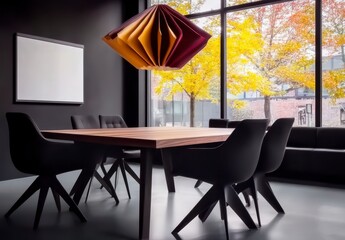 Modern Dining Area with Stylish Lighting and Fall Foliage View