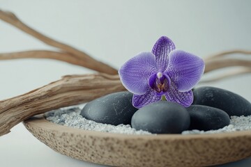 Purple orchid, grey stones, driftwood in bowl.